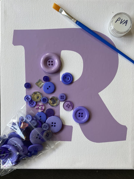 Kids DIY Button Art Canvas Craft Kit - Personalised Initial - Lilac