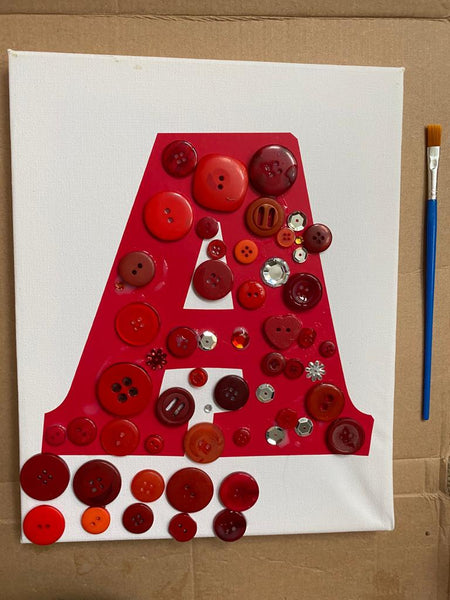 Kids DIY Button Art Canvas Craft Kit - Personalised Initial - Red